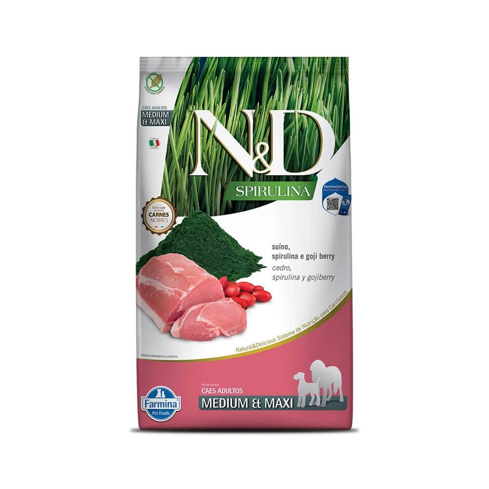 Ração Farmina N\u0026D Spirulina para Cães Adultos de Porte Médio e Grande Sabor Suíno, Spirulina e Goji Berry 10,1kg