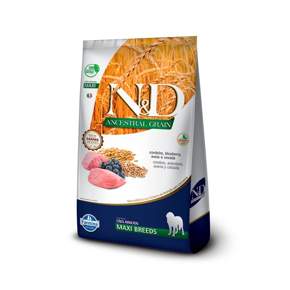 Ração Farmina ND Ancestral Grain para Cães Adultos de Raças Grandes Sabor Cordeiro e Blueberry - 10,1kg