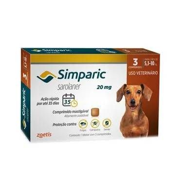 Antipulgas Simparic 20 mg para cães 5,1 a 10 kg - Zoetis com 3 Comprimidos
