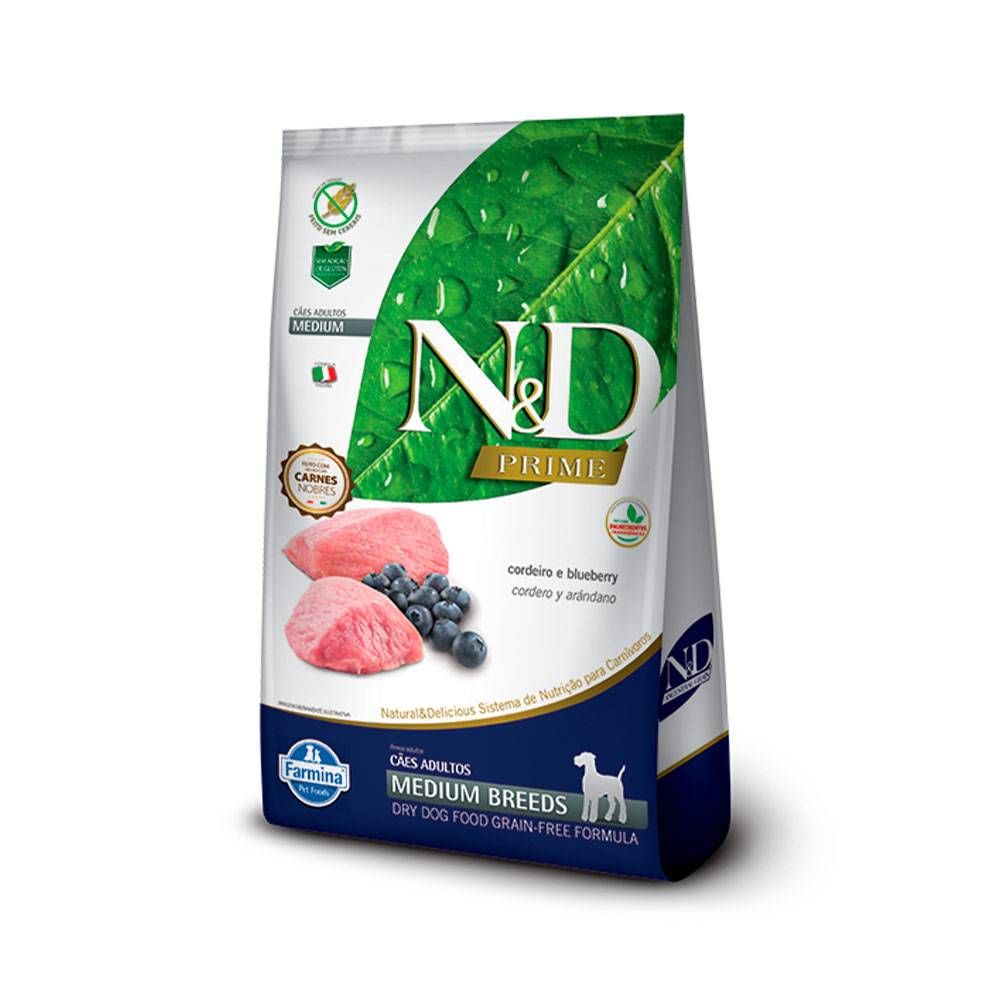 Ração N\u0026D Prime Cordeiro e Blueberry Cães Adultos Raças Médias 10,1kg