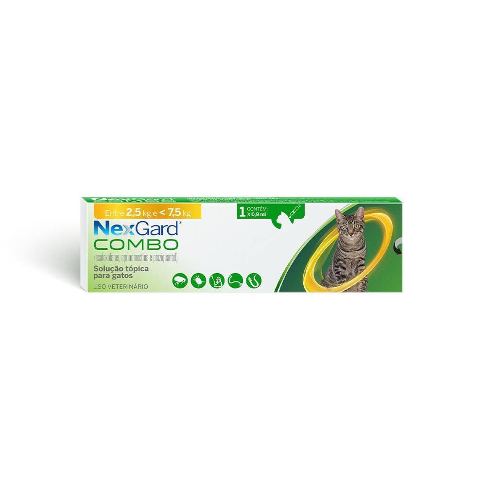 Nexgard Combo Antipulgas, Sarna e Vermes para Gatos de 2,5 a 7,5 kg 0,9 ml 3Un.\n