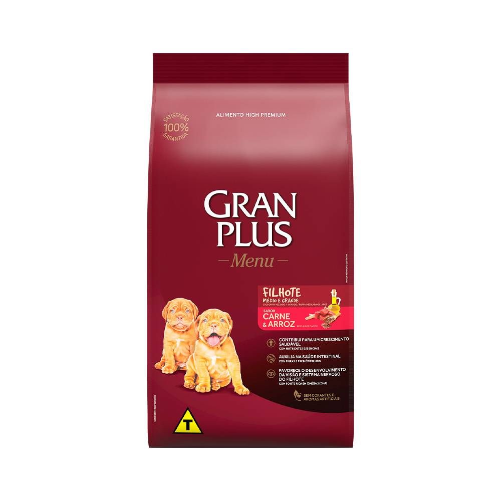Ração GranPlus Menu para Cães Filhotes de Raças Médias e Grandes Sabor Carne e Arroz 3kg