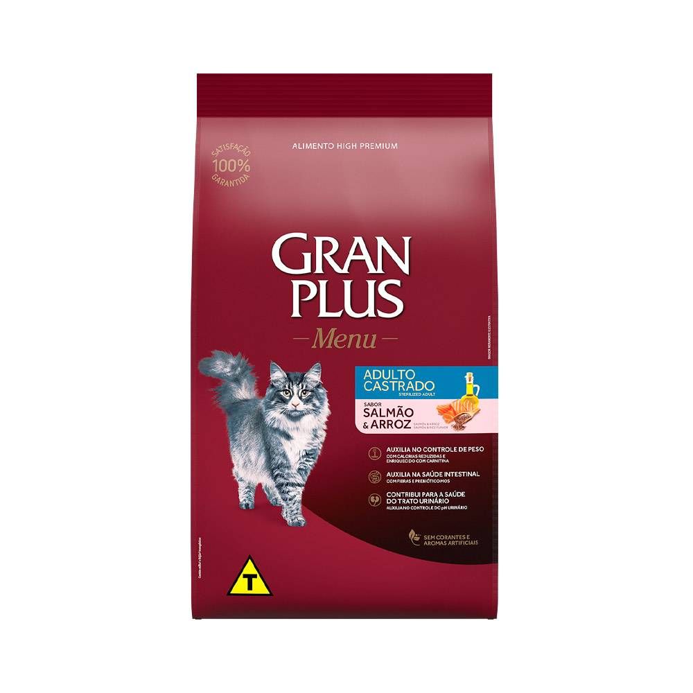 Ração GranPlus para Gatos Adultos Castrados Sabor Salmão e Arroz 10,1kg