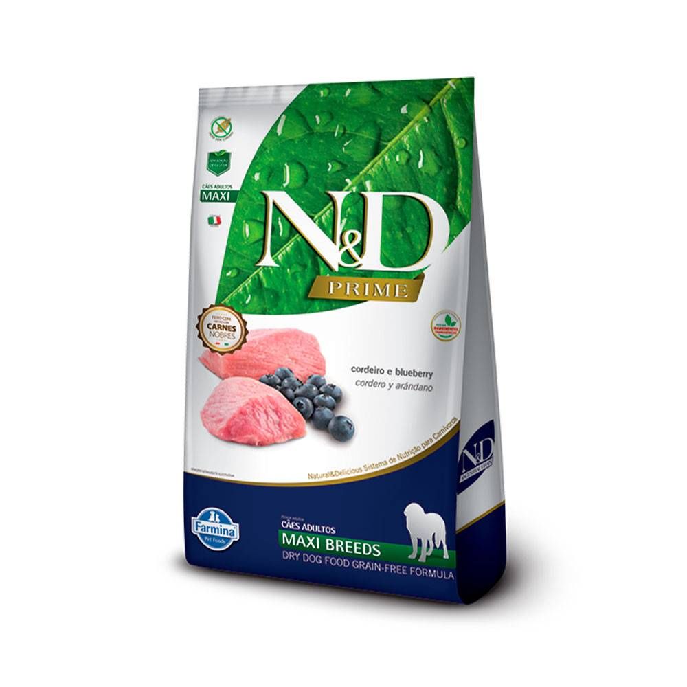 Ração N\u0026D Prime para Cães Adultos de Raças Grandes Sabor Cordeiro e Blueberry - 10,1kg