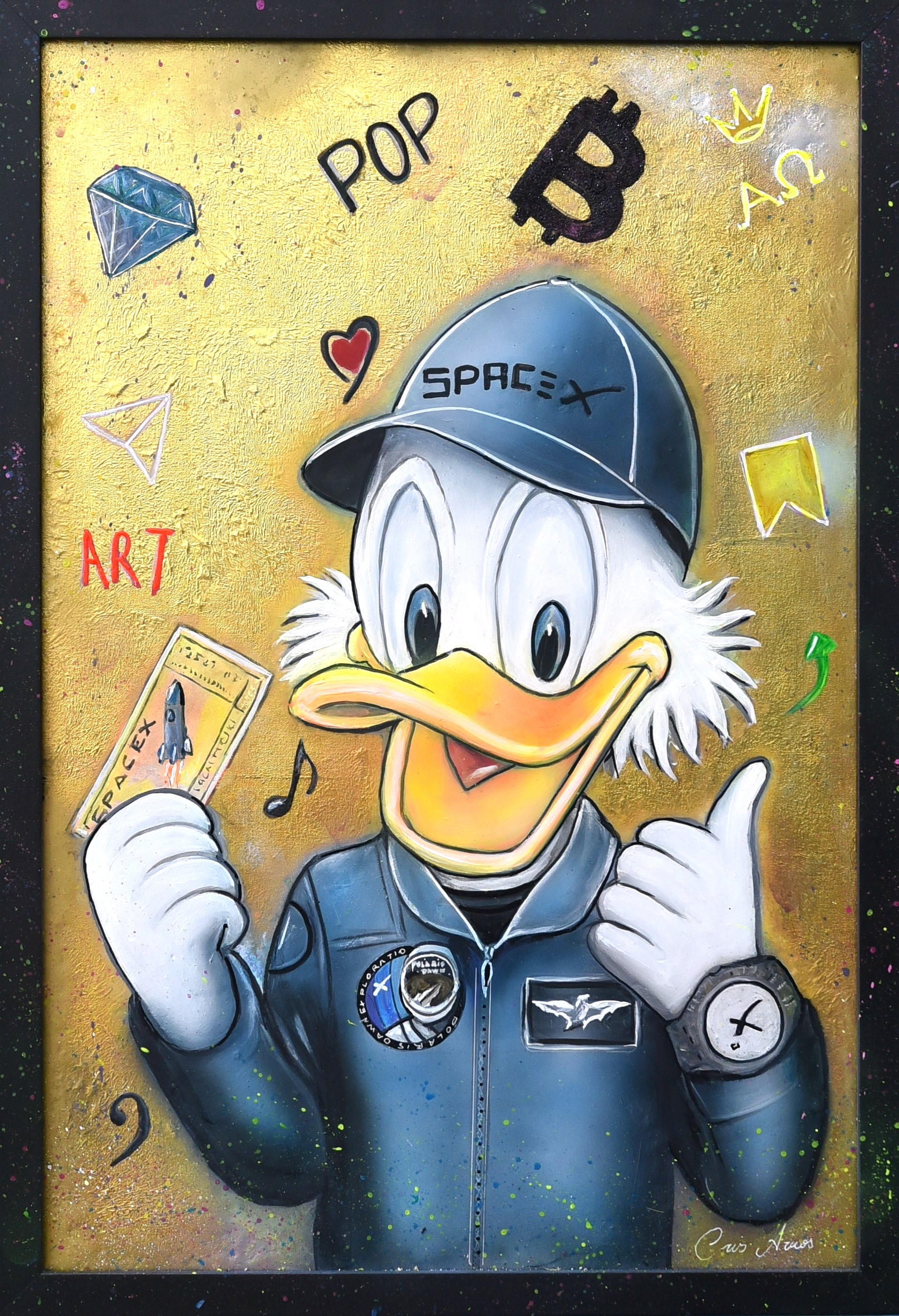 "Cris Azuos - Patinhas Space - Técnica mista sobre tela (metalização química, laqueada em resina epóxi, pintura em
aerógrafo e verniz e tintas fosforescente) - 60x40 cm - 2024"