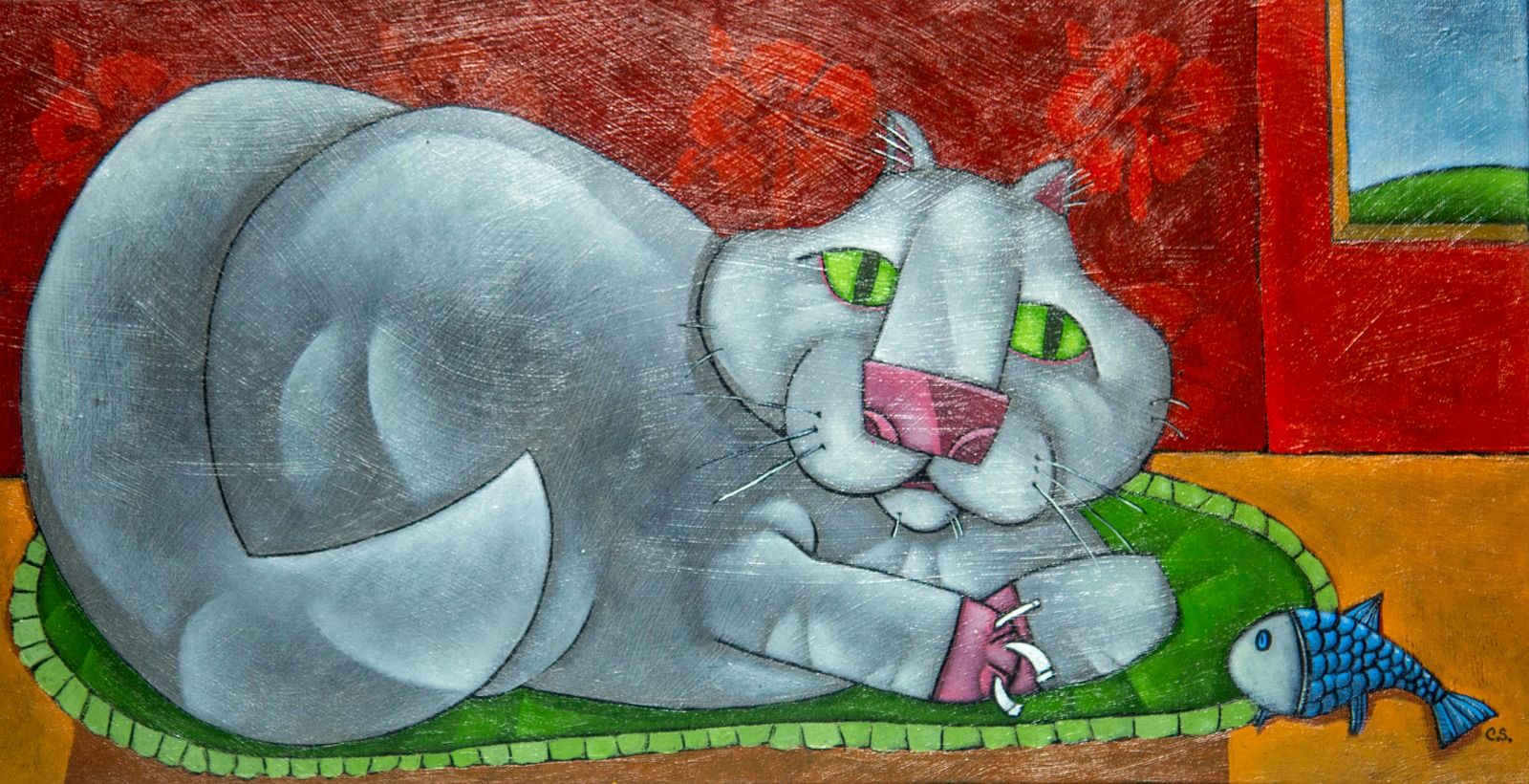 Clayton Silva - Gato Branco com Peixe - Óleo sobre tela - 30x60cm - a.n.v - 2018_com_moldura