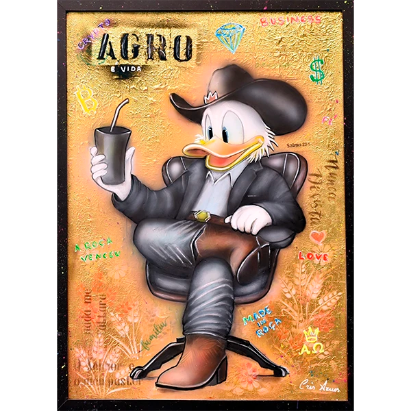 Cris Azuos - Rei do Agro - Técnica mista sobre tela (metalização química, laqueada em resina epóxi, pintura em
aerógrafo e verniz e tintas fosforescente) - 70x50 cm - 2024