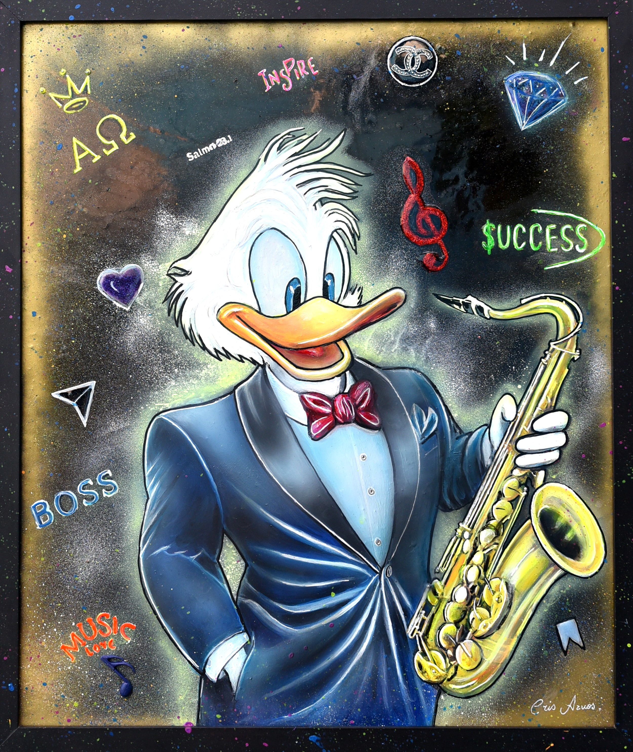 Cris Azuos - Patinhas Sax Alto - Técnica mista sobre tela (metalização química, laqueada em resina epóxi, pintura em
aerógrafo e verniz e tintas fosforescente) - 60x50 cm - 2024