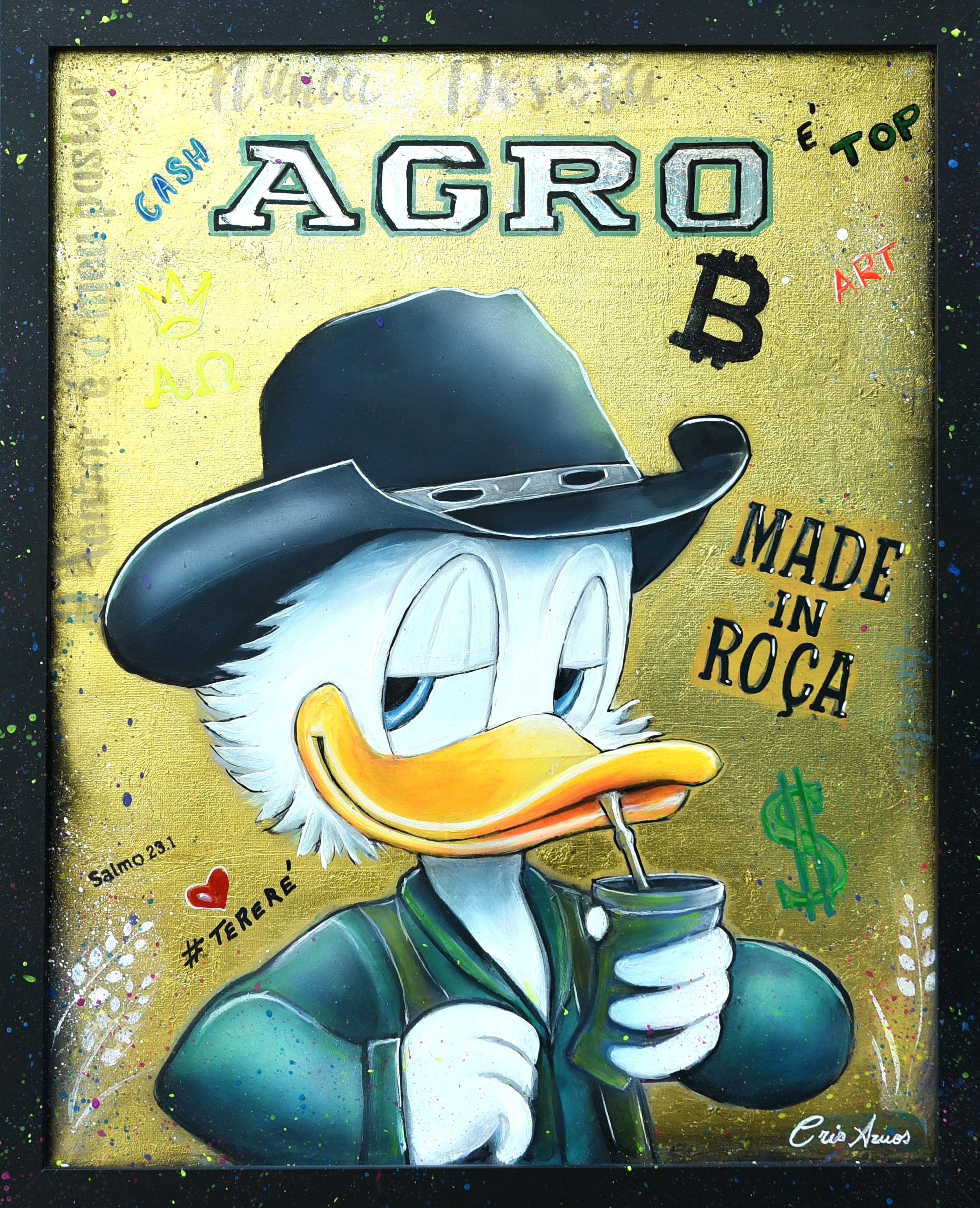 Cris Azuos - Patinhas Agro - Técnica mista sobre tela (metalização química, laqueada em resina epóxi, pintura em
aerógrafo e verniz e tintas fosforescente) - 50x40 cm - 2024