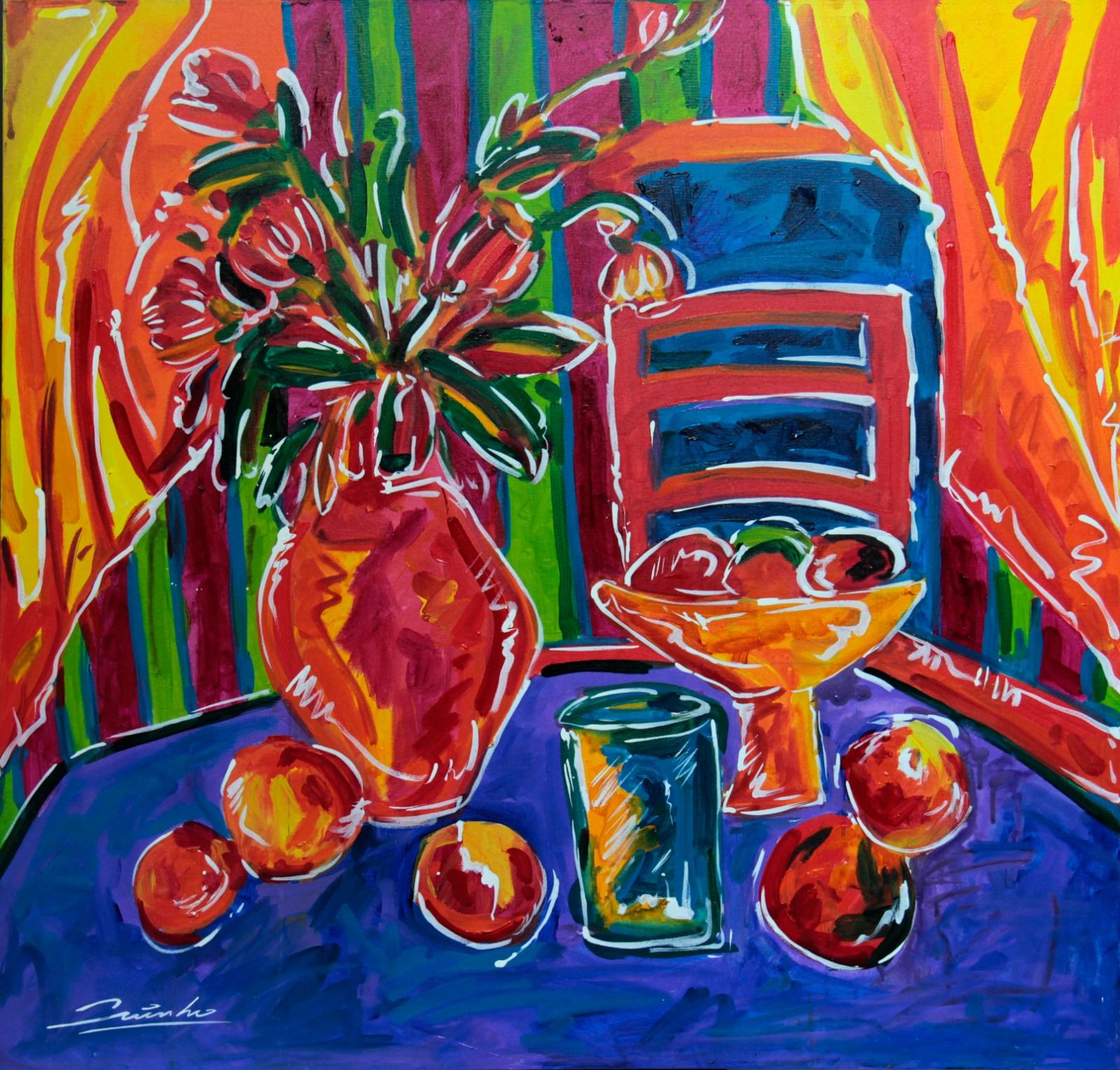 Quinho Miranda - Vaso de Flor - Acrílica sobre tela - 100x100cm - a.c.i.e e verso_com_moldura