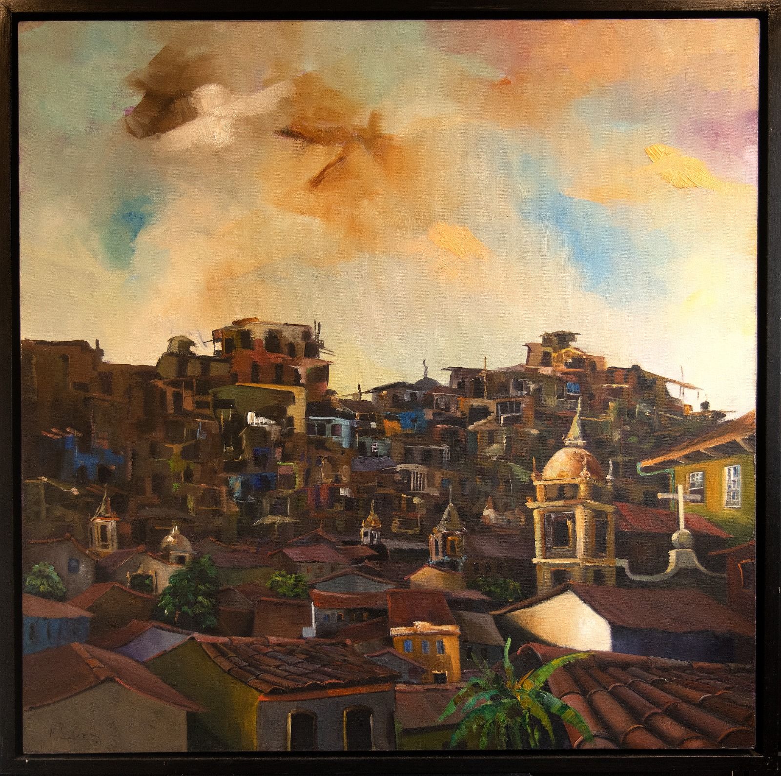 Miguel Lopez - Morro com casas - Acrílica sobre tela - 100x100cm - a.n.v_com_moldura
