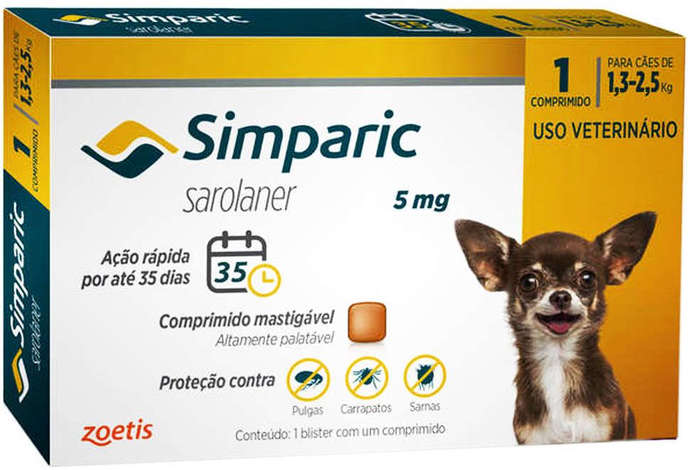 Antipulgas Zoetis Simparic 5 mg para Cães 1,3 a 2,5 Kg