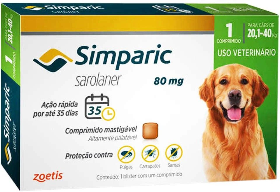 Antipulgas Zoetis Simparic 80 mg para Cães 20,1 a 40 Kg