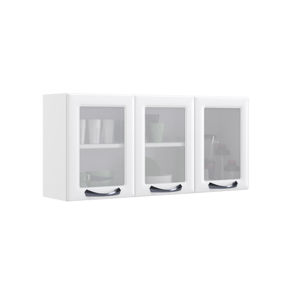 Armário Aéreo de Cozinha Branco 3 Portas com Vidro New Premium Itatiaia