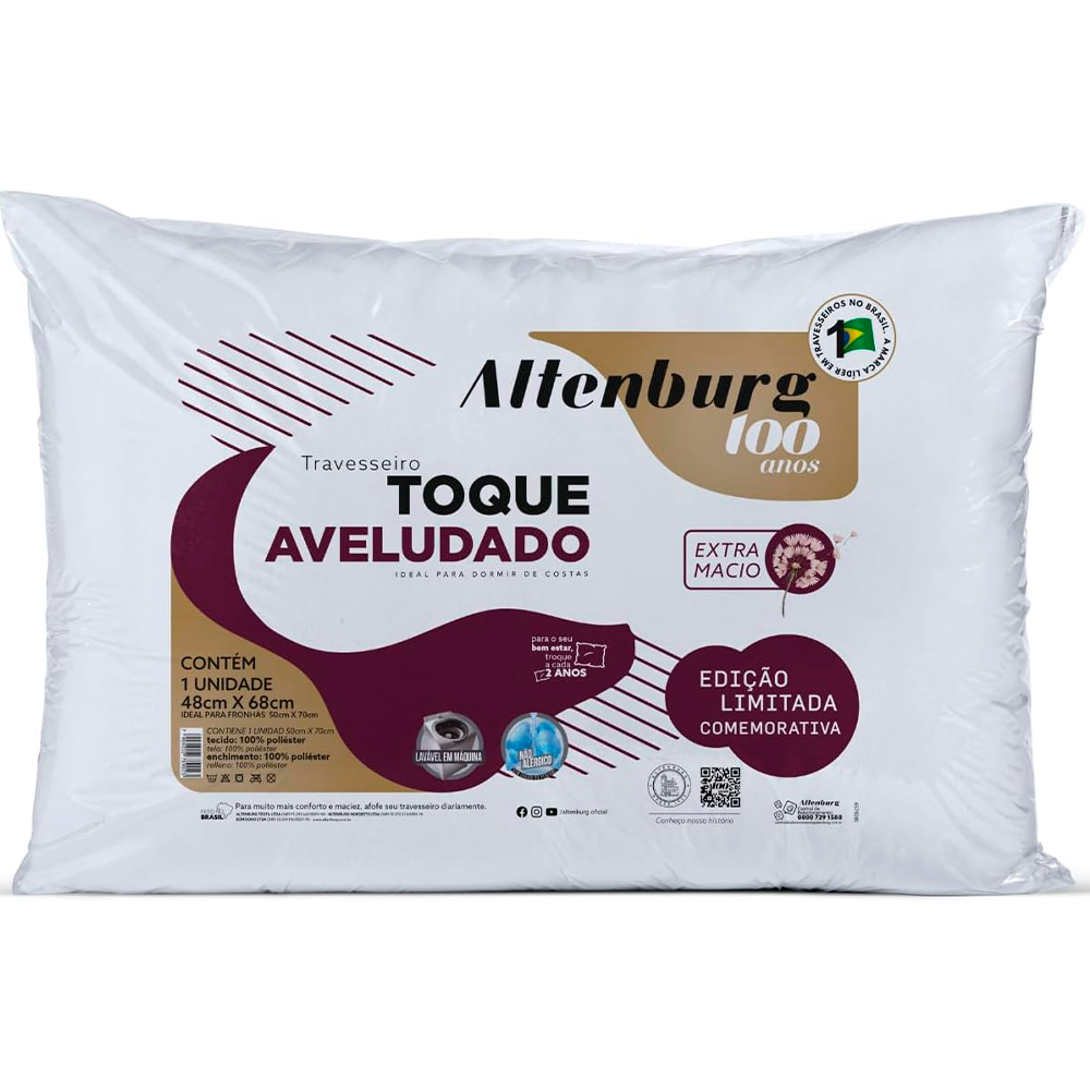 Travesseiro Toque Aveludado 100 ANOS Branco Altenburg