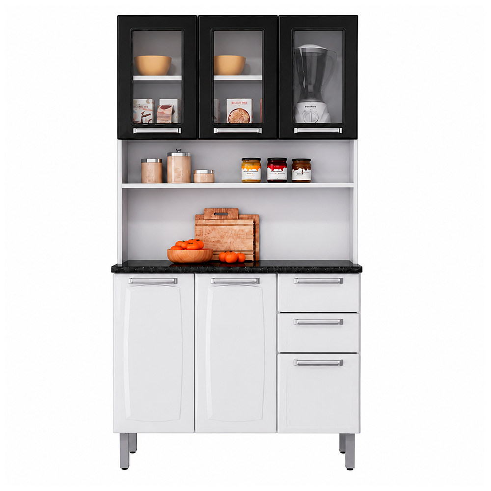 Armário kit de Cozinha Compacta Branco/Preto 120 em Aço 6 Portas 2 Gavetas Pratika Itatiaia