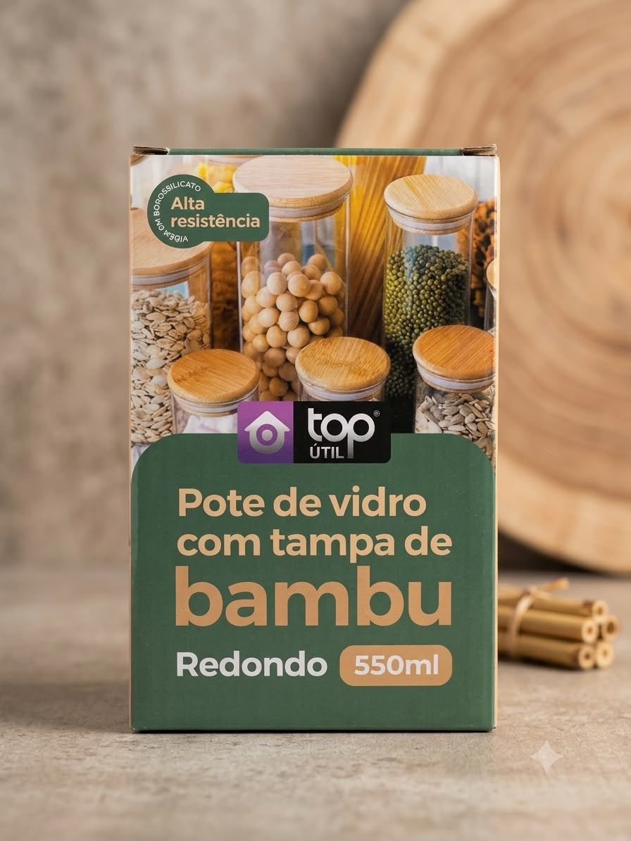 Pote de Vidro Redondo 550ml com Tampa de Bambu Hermética – Porta Mantimentos Top Útil