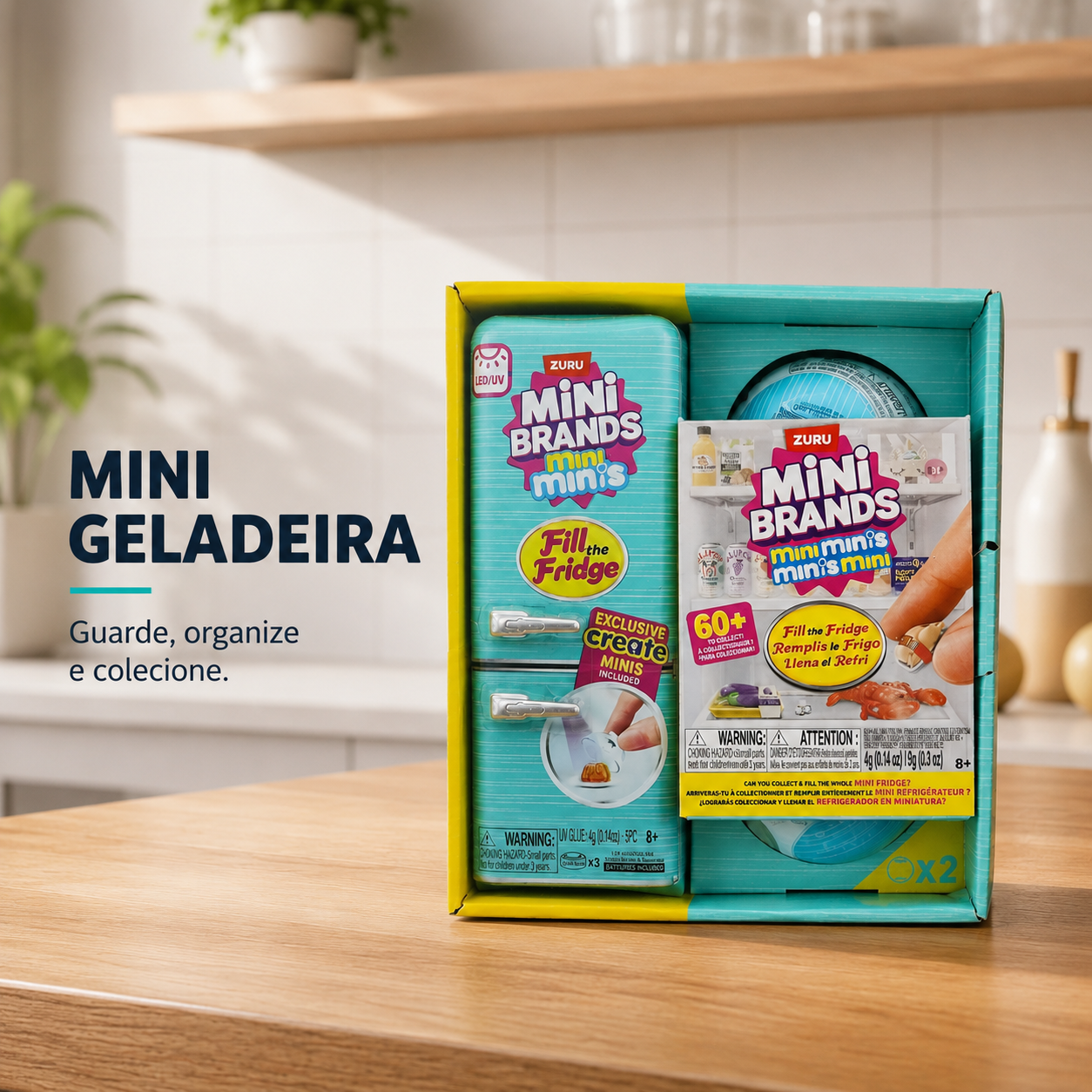 Mini Geladeira ZURU Mini Brands Mini Minis Fill The Fridge com 2 Cápsulas Surpresa + Luz LED UV