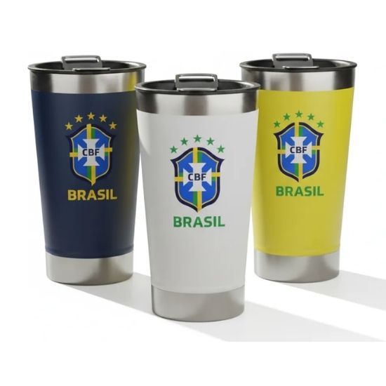 Copo Térmico Seleção Brasil Cbf Com Tampa E Abridor 473ml Amarelo