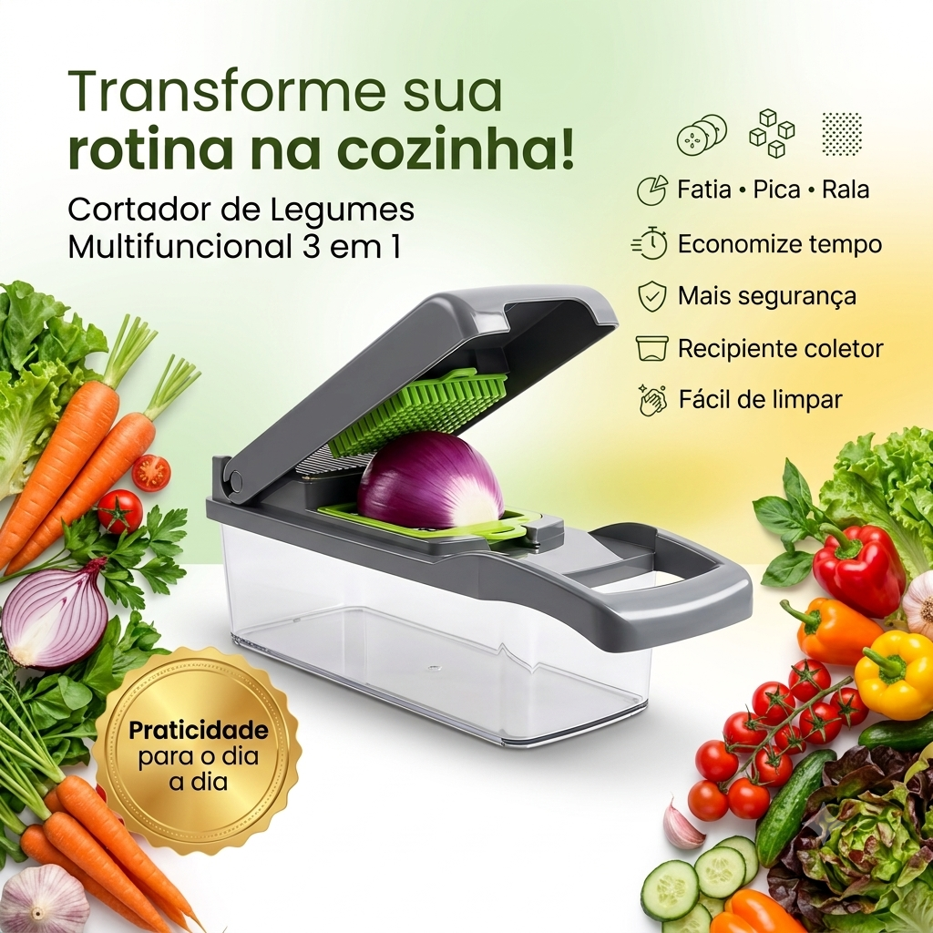 Cortador de Legumes Multifuncional com Recipiente – Fatiador, Picador e Ralador de Vegetais
