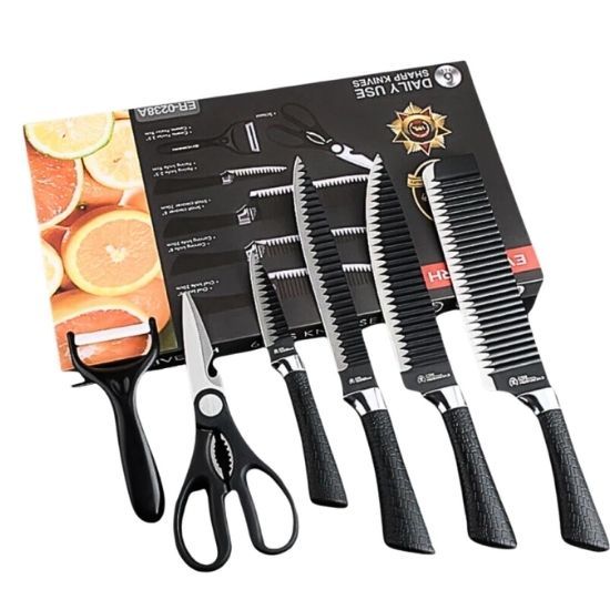 Kit Facas 6 Peças Com Tesoura E Descascador Lâminas Afiado