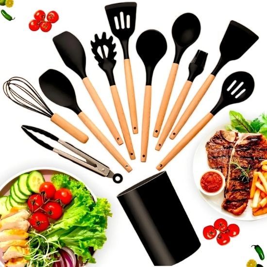 Kit 12 Pçs Utensílios Cozinha Silicone Antiaderente Madeira Cor Preto