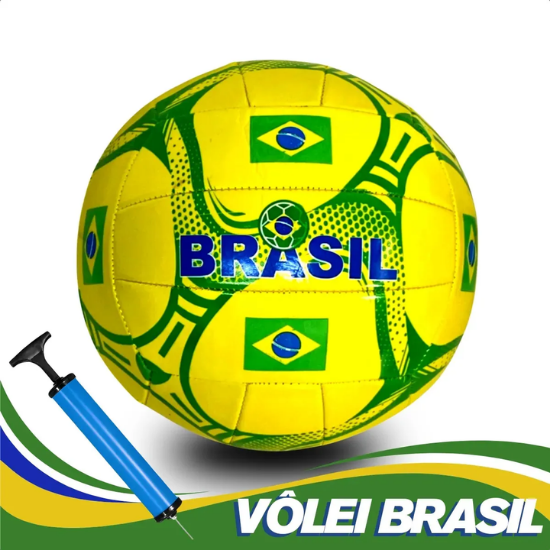 Kit Bola Brasil Vôlei Praia Quadra World Cup Amarela + Bomba