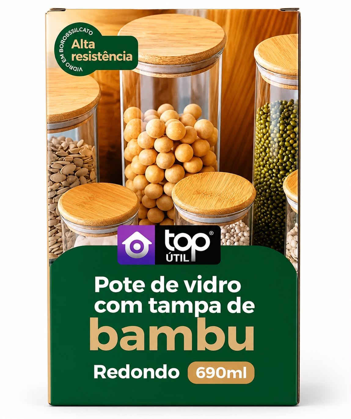 Pote de Vidro Redondo 690ml com Tampa de Bambu Hermética – Organizador para Mantimentos | Top Útil