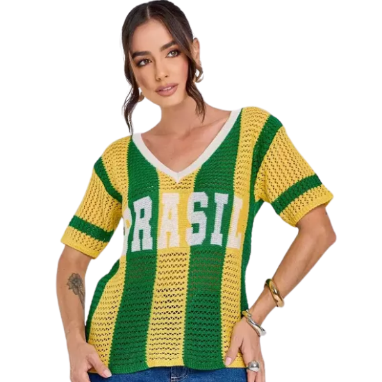 Camisa Tricot Brasil Tecido Vazado Decote V Malhado Look Brasil Copa Verde e Amarelo