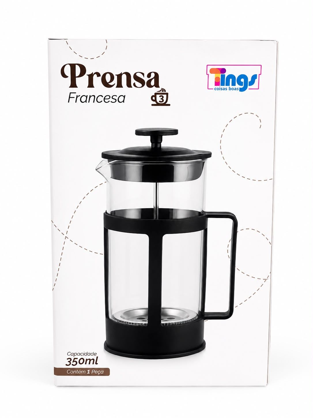 Prensa Francesa 350ml de Vidro com Estrutura em Plástico Preto – Cafeteira para Café e Chá