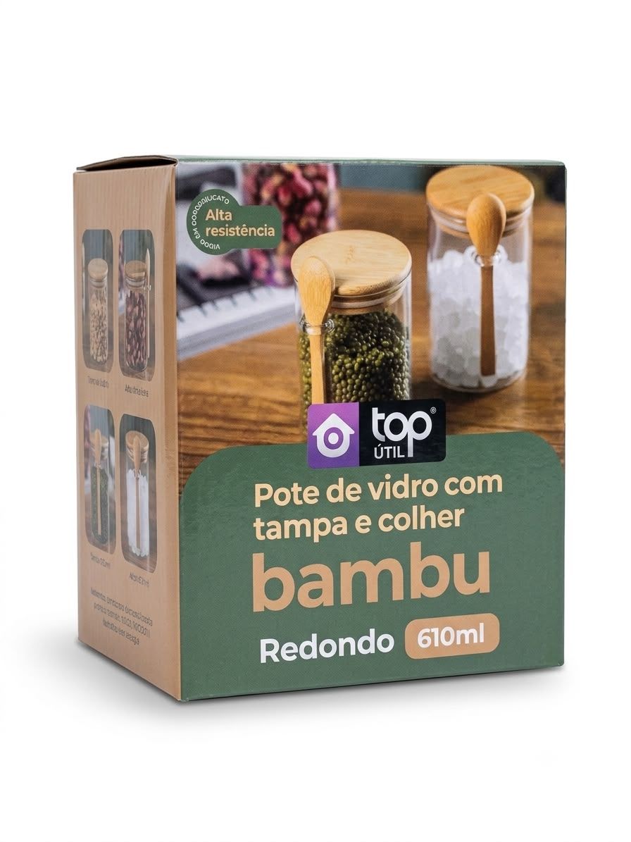 Pote de vidro Borossilicato com tampa de bambu Redondo top Útil - 610ml