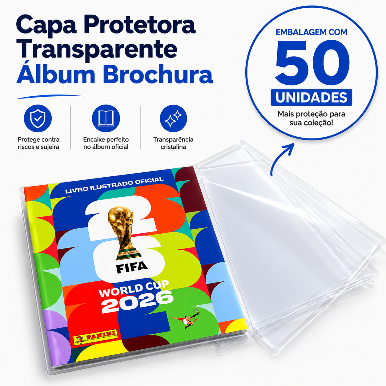 Capa Protetora Transparente para Álbum da Copa Panini - Plástico PVC Reforçado - 50 unidades