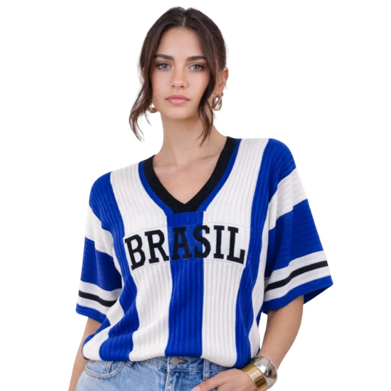 Blusa Brasil Feminina Tricô Manga Ampla Estilosa Casual Azul e Branca