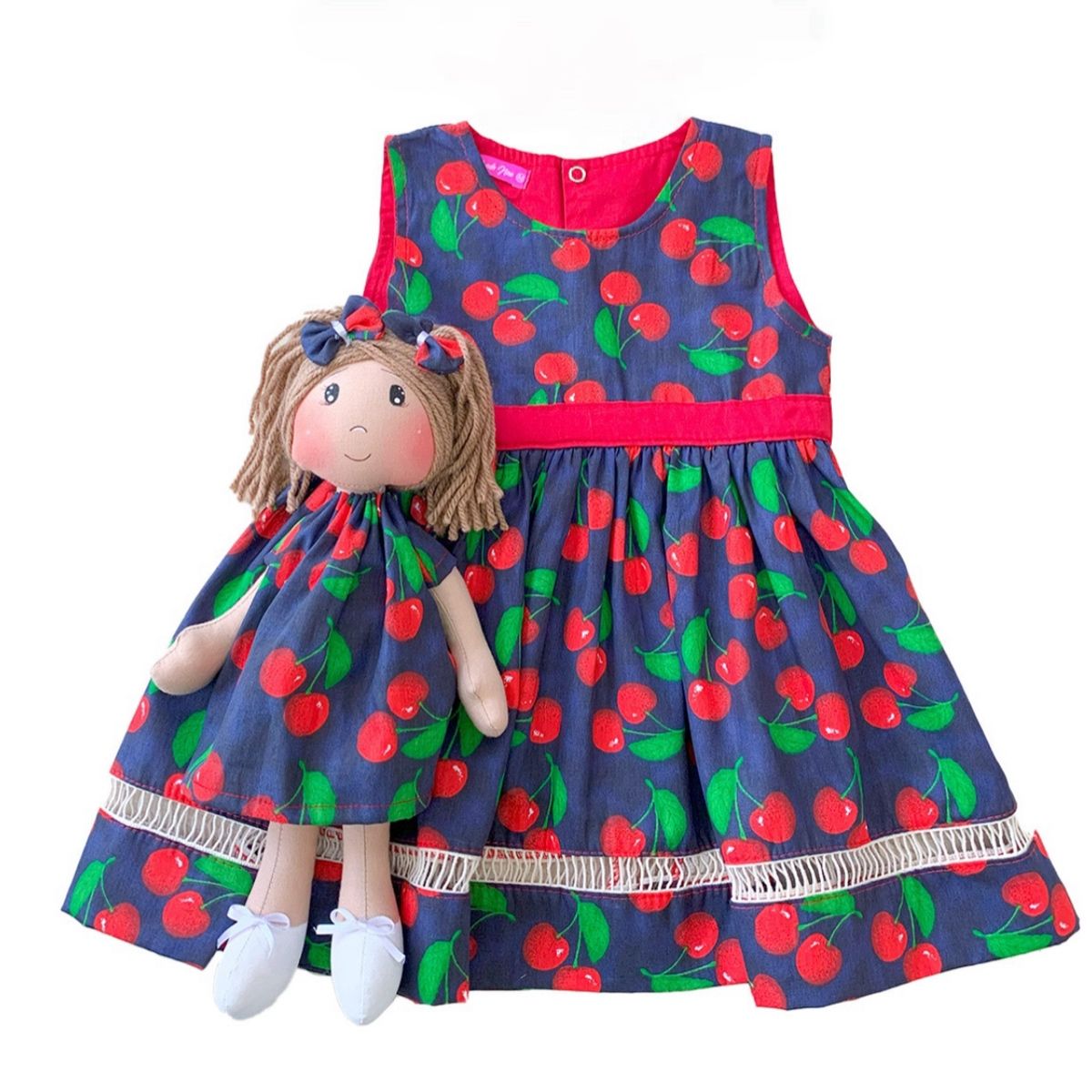 Kit Vestido com Boneca Infantil 100% Algodão - Cereja