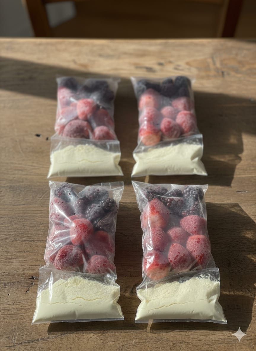 Morango, Amora e Leite em pó desnatado. - 170 Gramas