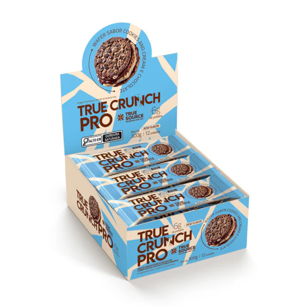 CAIXA COM 12 UNIDADES WAFER TRUE CRUNCH PRO COOKIES AND CREAM E CHOCOLATE 25G - TRUE SOURCE