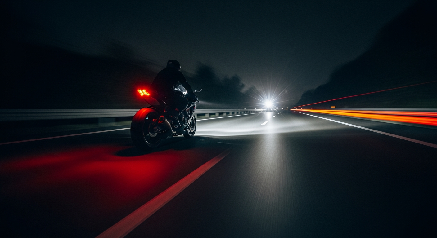 Motociclista na estrada à noite