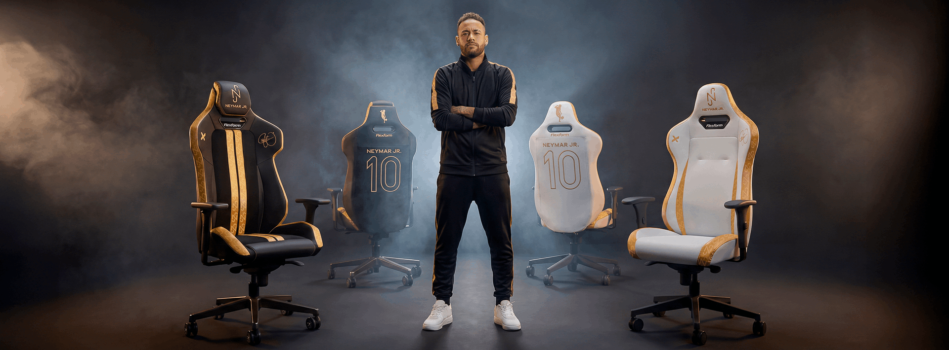 Neymar Jr. com as cadeiras gamer Flexform Alpha Pro e Delta da linha Neymar Jr.