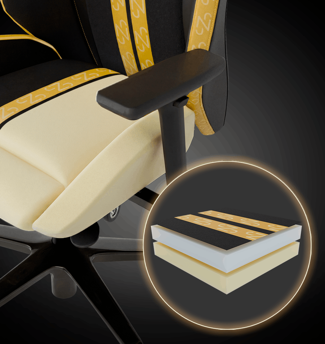 Detalhe da espuma de camada dupla de alta densidade da cadeira gamer Alpha Pro Neymar Jr.