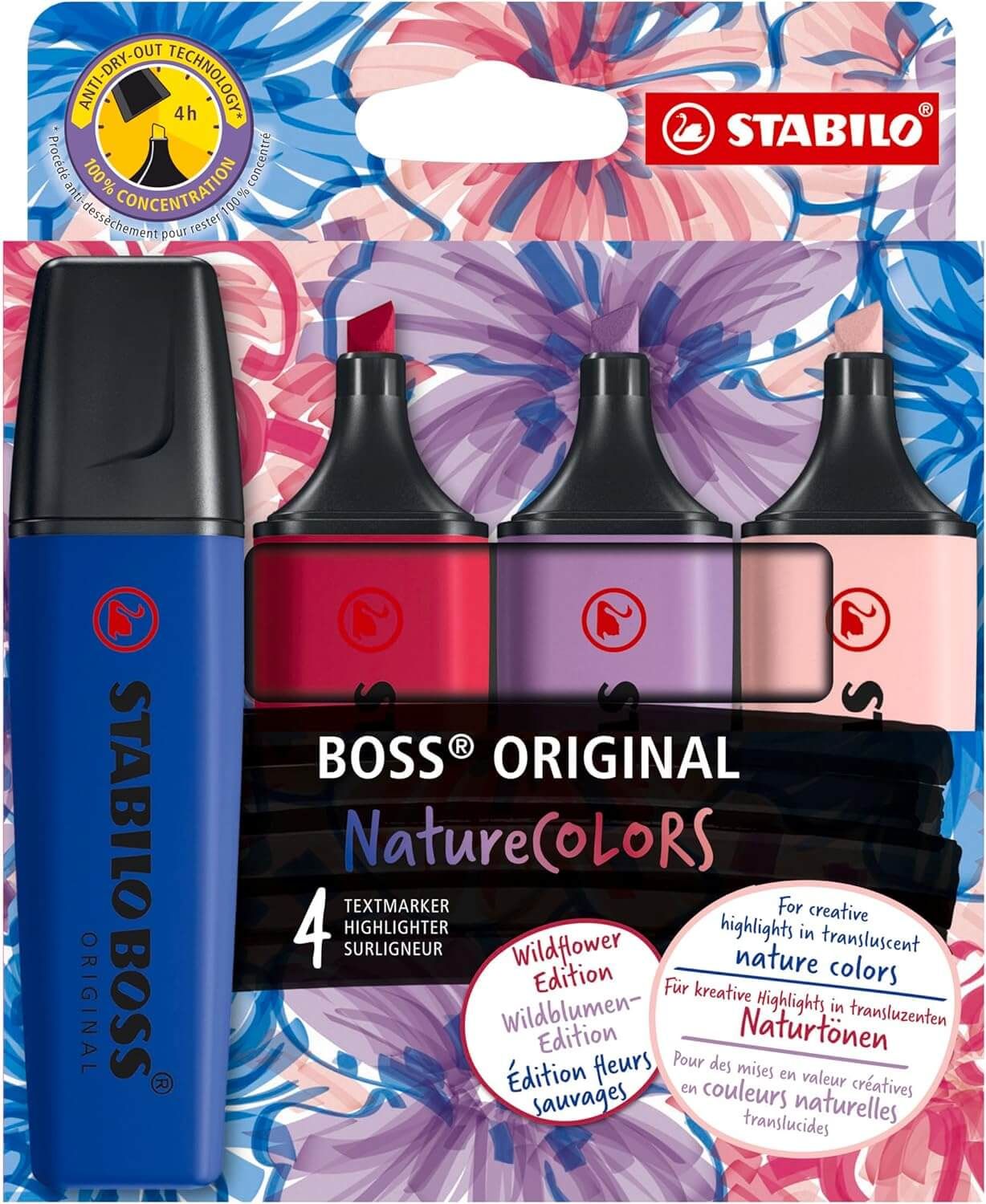 STABILO BOSS ORIGINAL NatureCOLORS Wildflowers Edition - Iluminador - Pacote com 4 - Blush, Borgonha, Cinza Violeta e Ultramarino