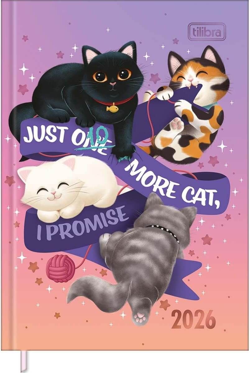Agenda Costurada Petit 10,5 x 14,8 cm Purrfect Cats 2026 - Degradê Rosa e Laranja - Tilibra