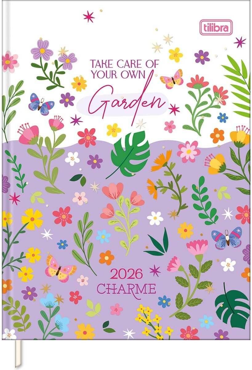 Agenda Costurada Diária 12,3 x 16,6 cm Charme 2026 - Flores fundo branco e roxo - Tilibra