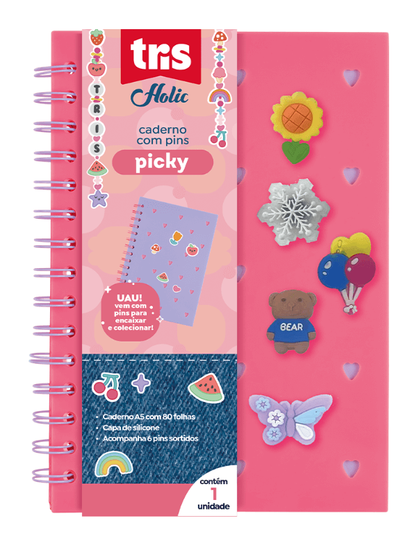 Caderno Pautado Picky Holic Charm - A5 - 80 Folhas Rosa - Capa de Silicone - Com 6 Pins - Tris