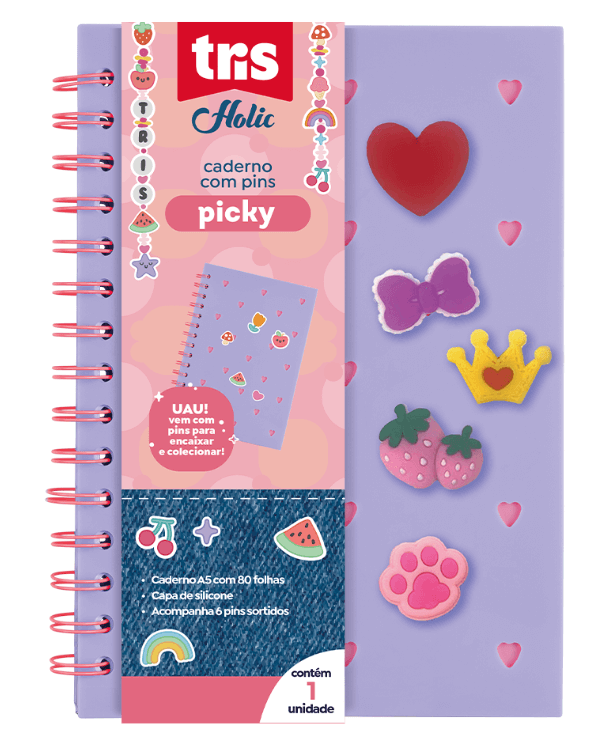 Caderno Pautado Picky Holic Charm Lilás - A5 - 80 Folhas - Capa de Silicone - Com 6 Pins 