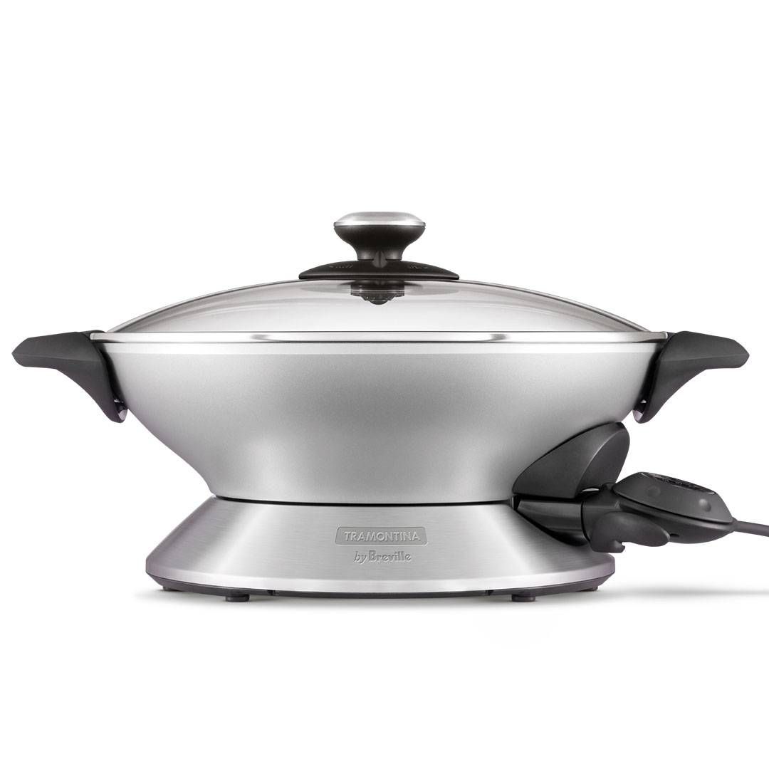 PANELA ELÉTRICA TRAMONTINA BY BREVILLE WOK CHEF EM ALUMÍNIO FUNDIDO COM TAMPA DE VIDRO 6L 127V