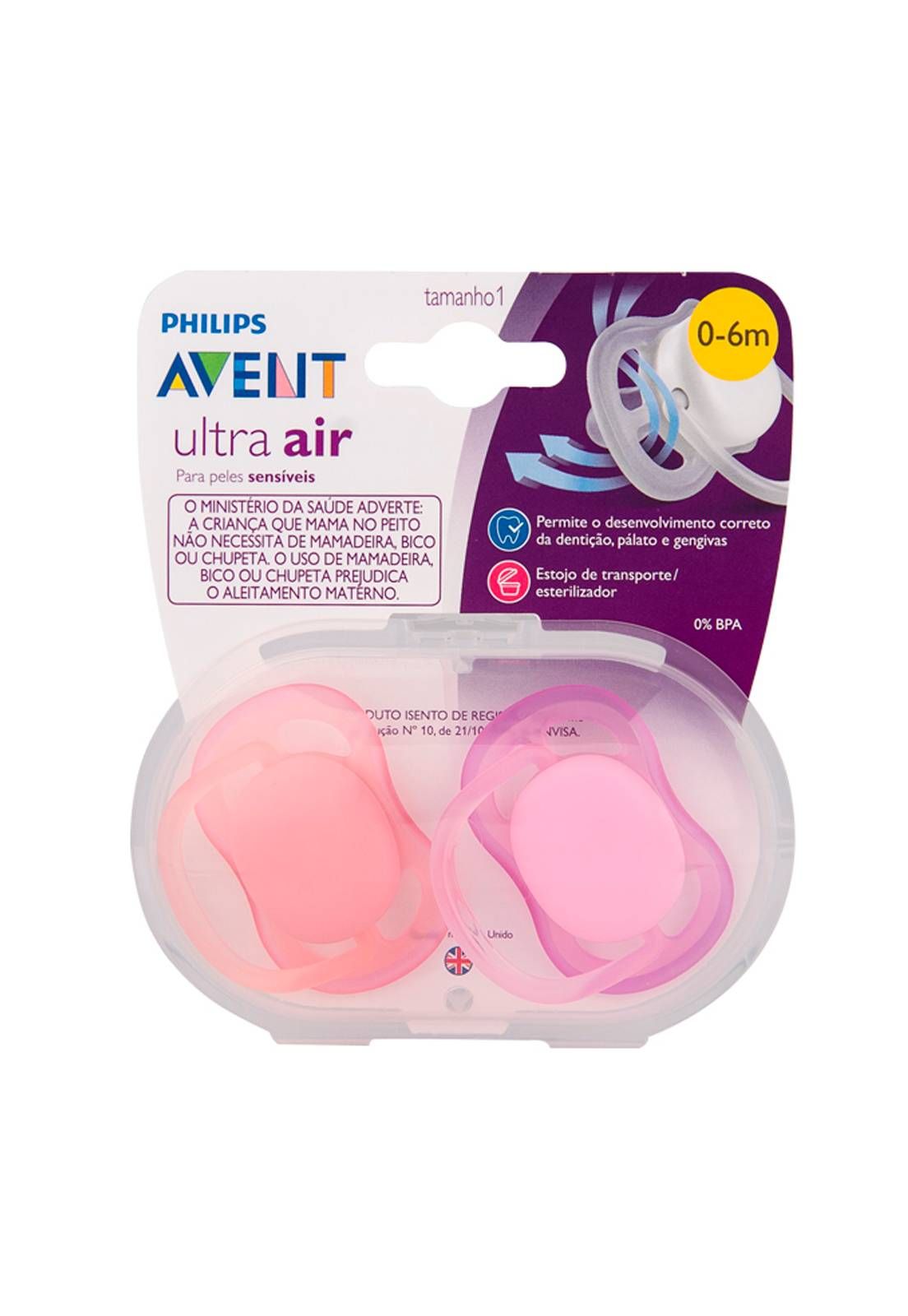 KIT 2 CHUPETAS AVENT ULTRA AIR 0% BPA + ESTOJO - 0-6 MESES - ROSA - PHILIPS AVENT