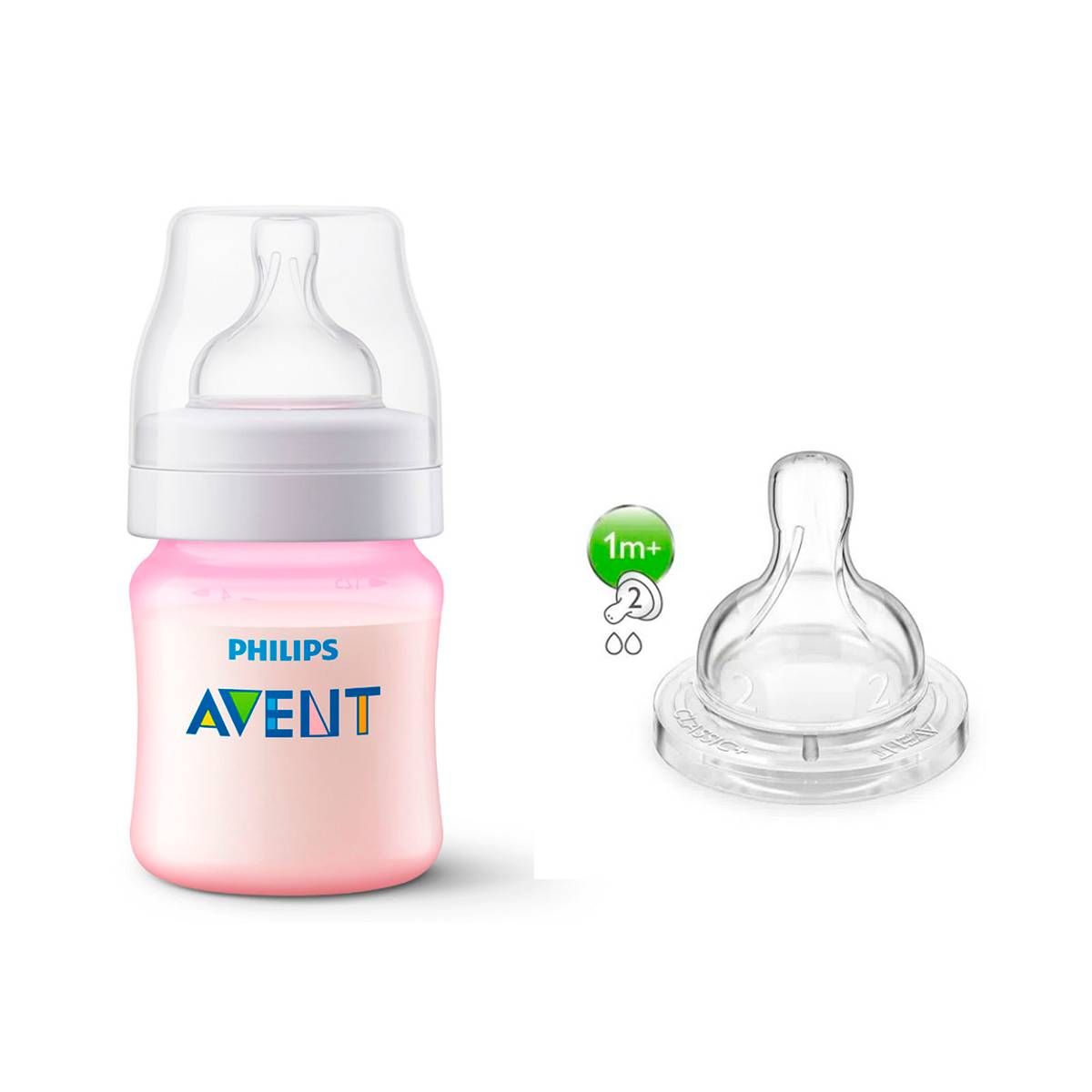 KIT 1 MAMADEIRA CLASSICA ANTICOLICA 125ml ROSA + 1 BICO Nº 2 - PHILIPS AVENT