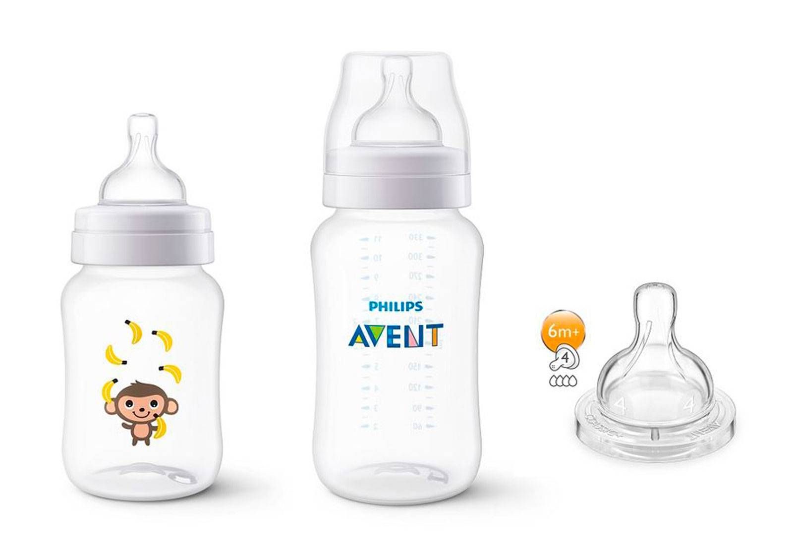 KIT 2 MAMADEIRAS CLÁSSICA ANTICÓLICA 260\/330ml MACACO+1 BICO Nº4-PHILIPS AVENT