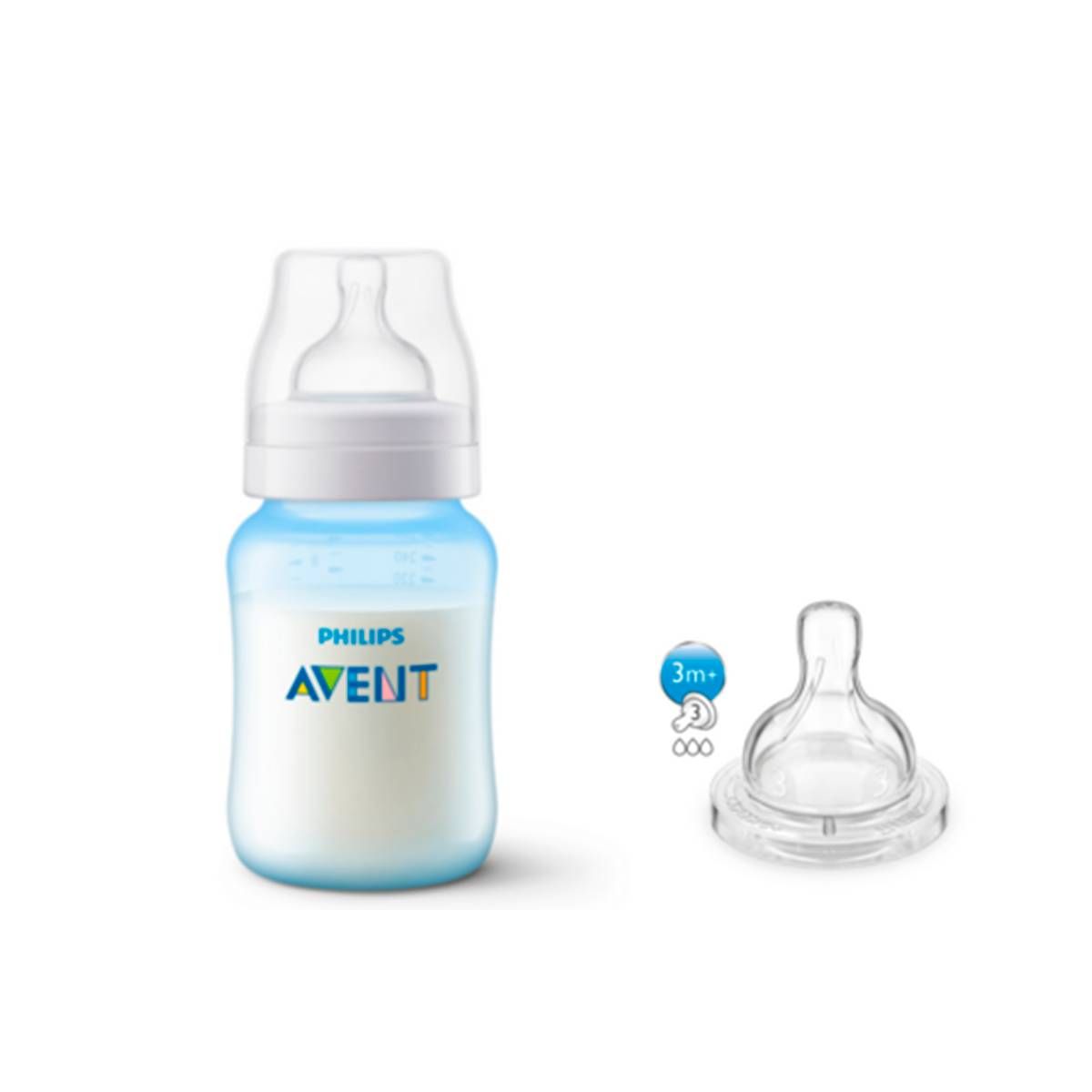 KIT 1 MAMADEIRA CLASSICA ANTICOLICA 260ml AZUL + 1 BICO Nº 3 - PHILIPS AVENT