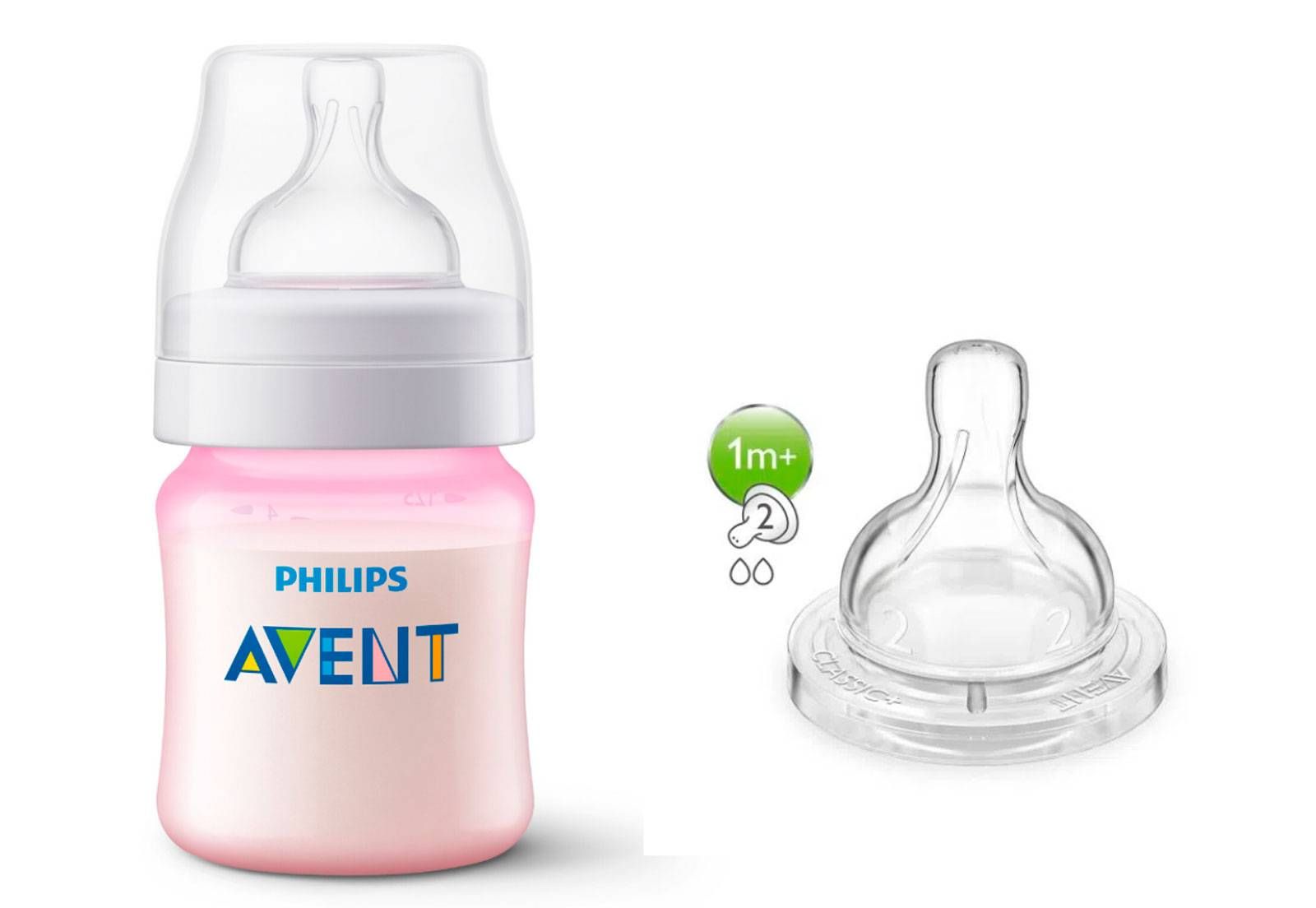 KIT 1 MAMADEIRA CLASSICA ANTICOLICA 125ml ROSA + 1 BICO Nº 2 - PHILIPS AVENT
